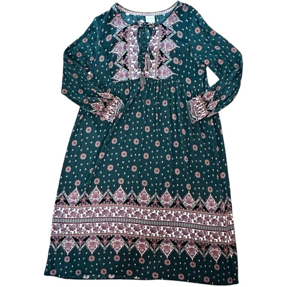 Knox Rose Boho Midi Dress XL Green Floral Paisley Tassel Peasant Style - Picture 3 of 12
